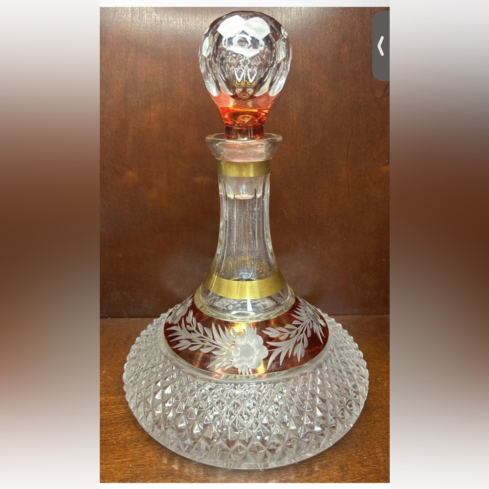Vintage Golden Crown E&R Hand Cut Lead Crystal Brandy Decanter Ruby Red Overlay